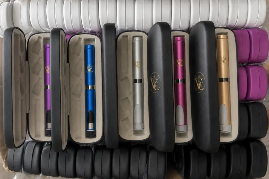 Vitruvia Clinic branded peptide injection pens and leather travel cases in purple, blue, silver, and gold