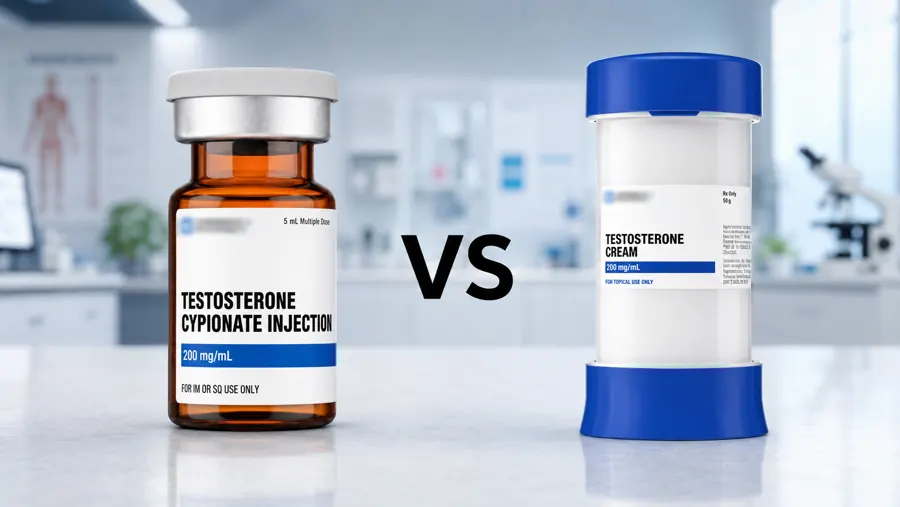 Injectable testosterone cypionate vial beside a transdermal testosterone cream container in a clinical laboratory
