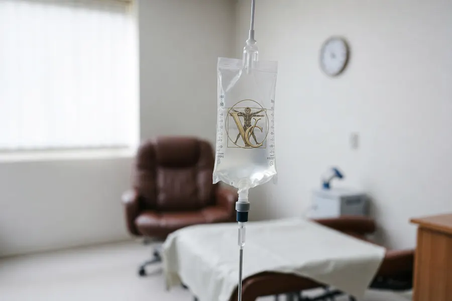Vitruvia Clinic branded IV infusion bag in a bright private clinic room with a leather recliner