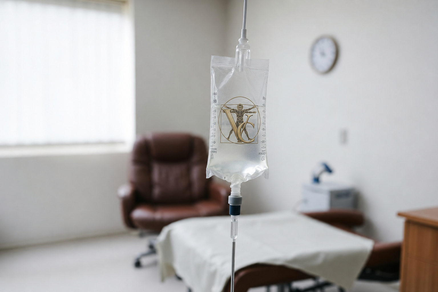 Vitruvia Clinic branded IV infusion bag in a bright private clinic room with a leather recliner