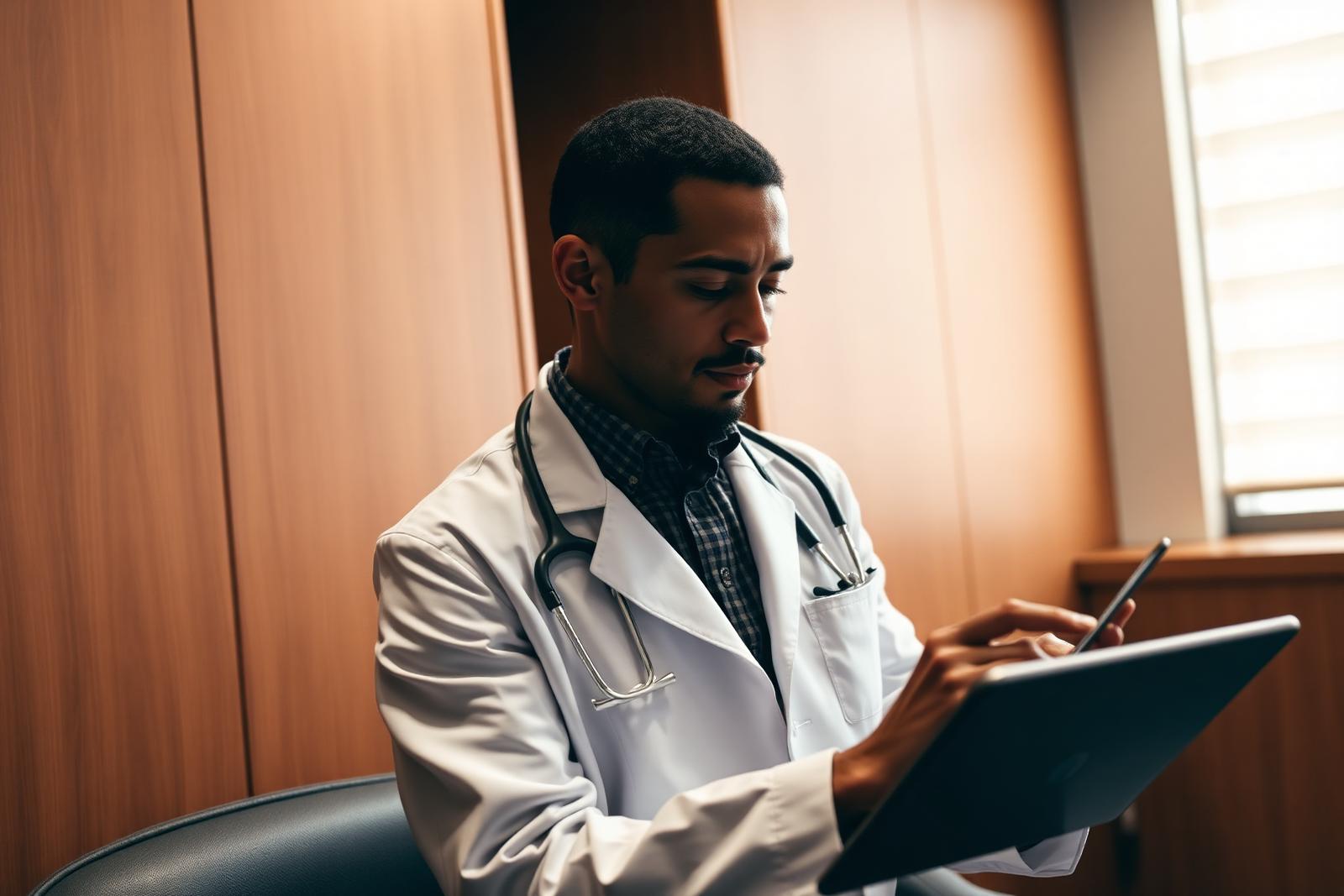 Physician in a white coat reviewing a patient health dashboard on a tablet in a private wood-panelled consultation room