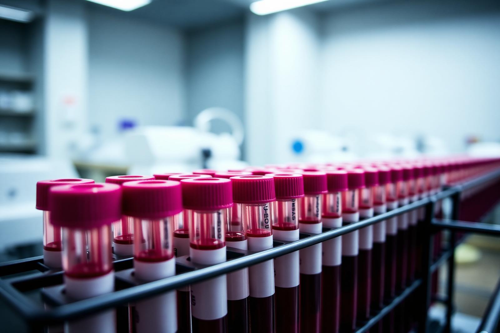 Rack of labelled blood collection tubes in a modern diagnostic laboratory